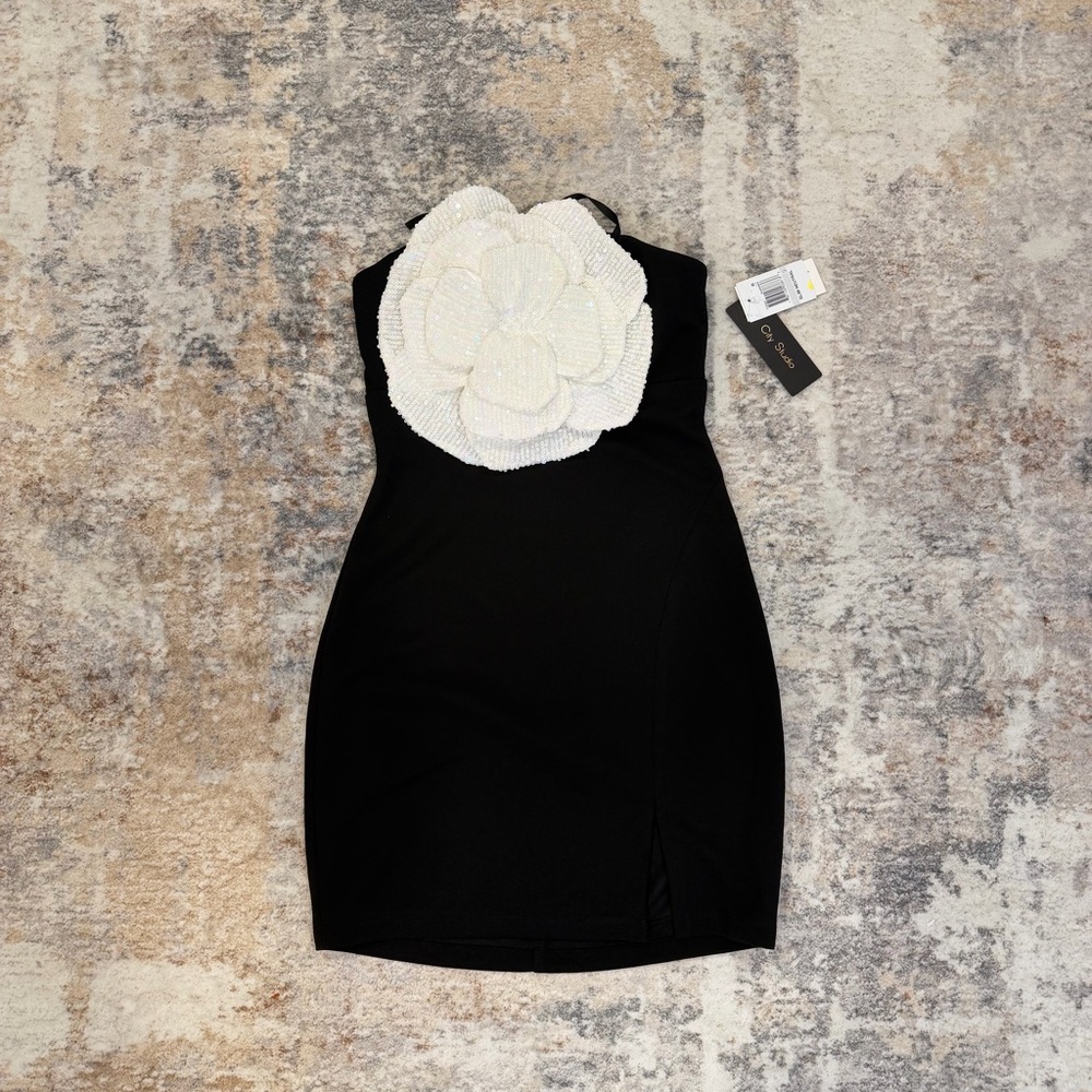 City Studio Black Strapless Mini Dress with Large Sequins White Flower Detail